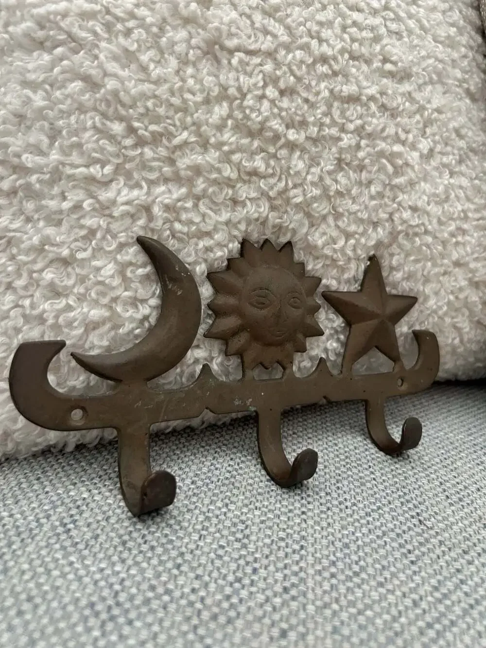 Vintage Brass Celestial Sun Moon and Star Wall Hook Hanger